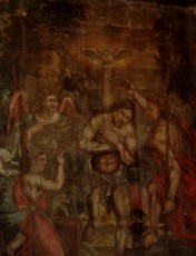 Peinture retrouv�e lors de r�novation dans une maison du village, bapt�me du Christ avec la colombe repr�sentant le Saint Esprit